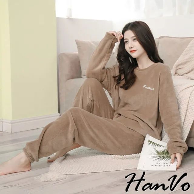【HanVo】慵懶束口珊瑚絨睡衣套裝(韓版舒適保暖日常可愛家居服
