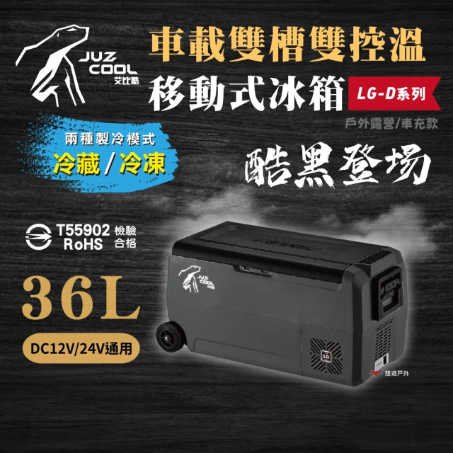 【Juz cool 艾比酷】雙槽雙溫控車用冰箱LG-D36+冰箱架+冰箱套(悠遊戶外)