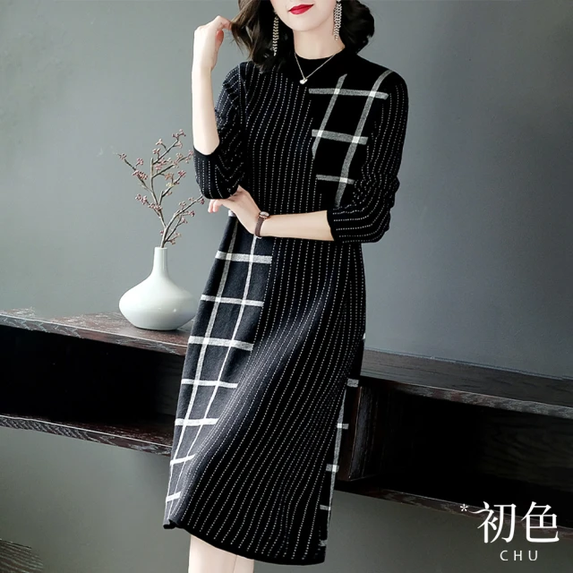 【初色】仿羊毛針織連衣裙長袖拼接洋裝-黑色-66124(F可選)