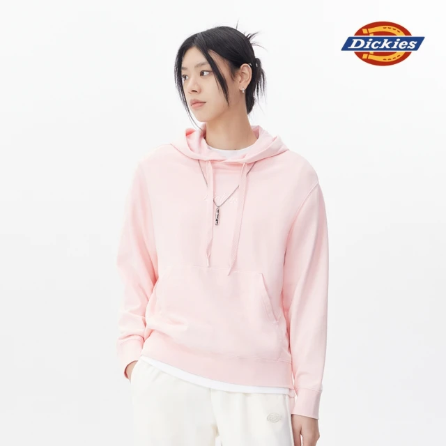 【Dickies】女款奶油粉純棉胸前刺繡水洗效果落肩連帽大學T｜DK011605A71