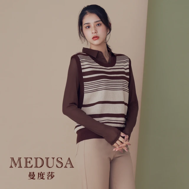 【MEDUSA 曼度莎】現貨 x ICare 假兩件式橫紋針織上衣（F）｜女上衣 針織衫 假兩件(907-16601)