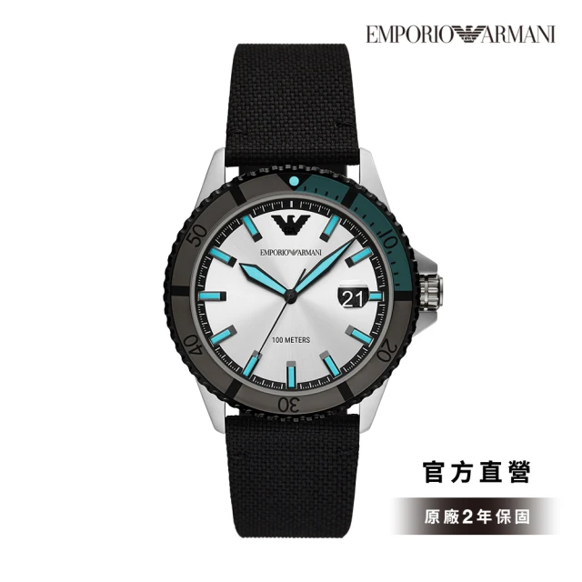 【EMPORIO ARMANI】Diver 反轉對比運動風潛水手錶 黑色織紋錶帶 42MM AR11465