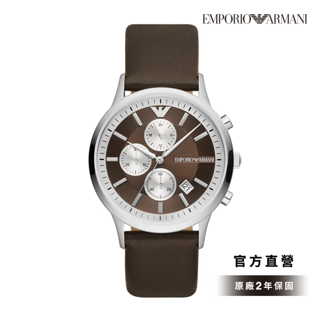 【EMPORIO ARMANI】Renato 爵士風範三眼設計手錶 棕色皮革錶帶 43MM AR11490