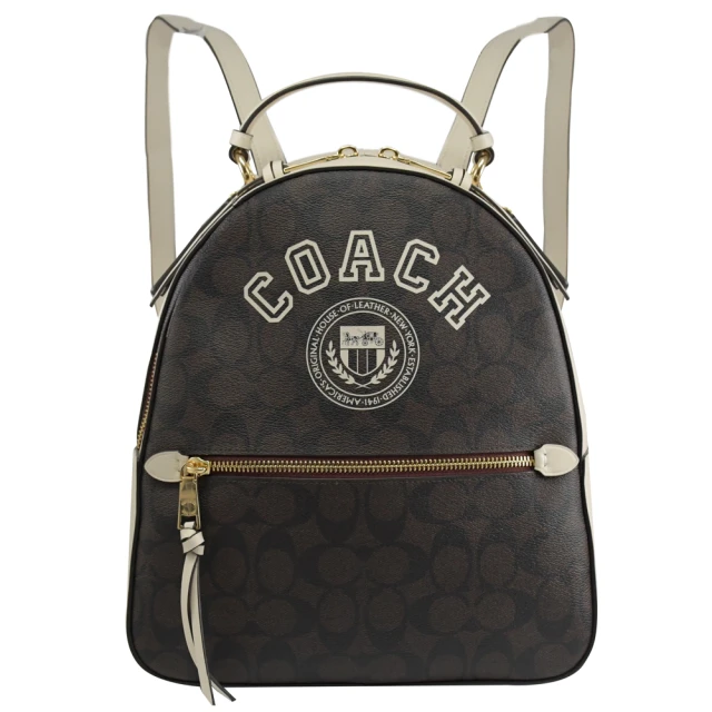 【COACH】經典C字LOGO印花拼接雙拉鍊手提淑女包後背包(深咖)