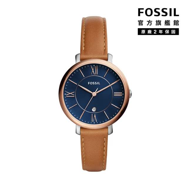 【FOSSIL】Jacqueline 經典藍面羅馬數字女錶 棕色真皮錶帶 36MM ES4274