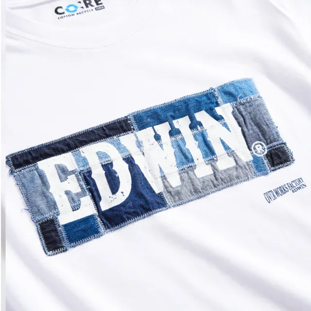 【EDWIN】再生系列 牛仔拼接印花LOGO長袖T恤-男款(白色)