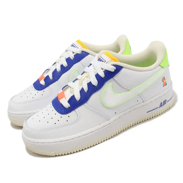 NIKE 耐吉】休閒鞋Air Force 1 LV8 GS 大童鞋女鞋白螢光黃藍AF1 車縫線