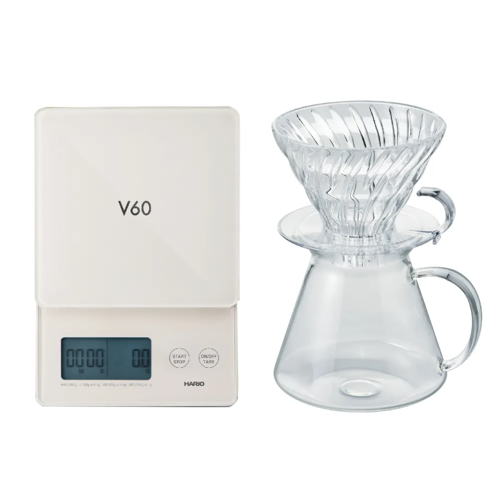 【HARIO】V60清透玻璃手沖電子秤組(咖啡壺600ml+濾杯+電子秤)