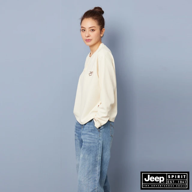 【JEEP】女裝 華夫格寬鬆短版長袖T恤(象牙白)-momo購物網