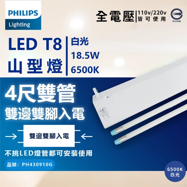 【Philips 飛利浦】LED TMS288 T8 18.5W 865 晝白光 4尺 2燈 全電壓 山型燈 _ PH430910G