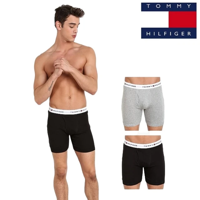 【Tommy Hilfiger】TOMMY HILFIGER 棉質經典平口四角內褲 貼身長版 男生內褲 3 件裝灰/黑/黑(四角內褲組)