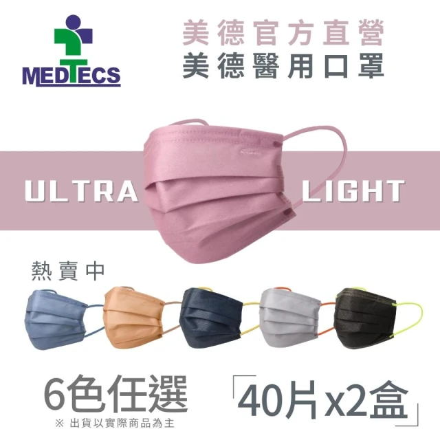 【MEDTECS 美德醫療】美德醫用口罩40片x2盒 暢快呼吸 5色任選(頂級室內清淨機的過濾效果！)