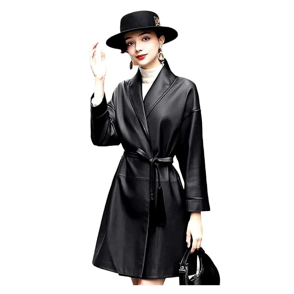 【巴黎精品】真皮皮衣長版大衣(秋冬簡約風綁帶皮革風衣女外套v1ao16)