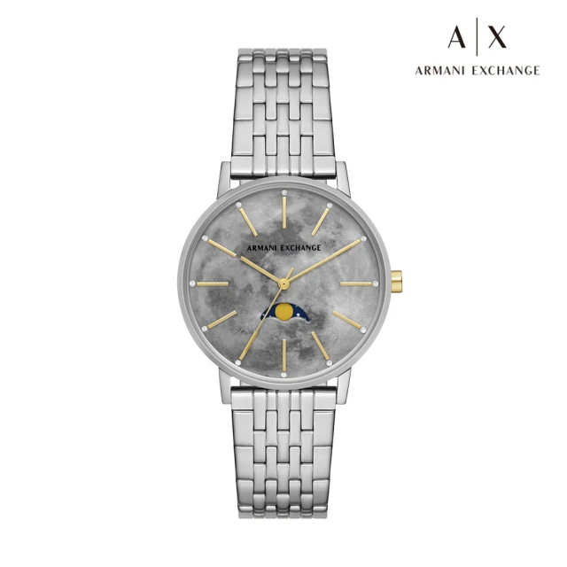 【A|X Armani Exchange】Lola 煙霧月球漫步月相女錶 銀色不鏽鋼鍊帶 36MM AX5585