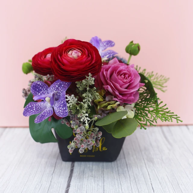 【HUGO DECO 榆果傢飾】紅陸蓮紫玫瑰紙袋香氛花藝(進口擬真花/送花/永不凋零/佈置)