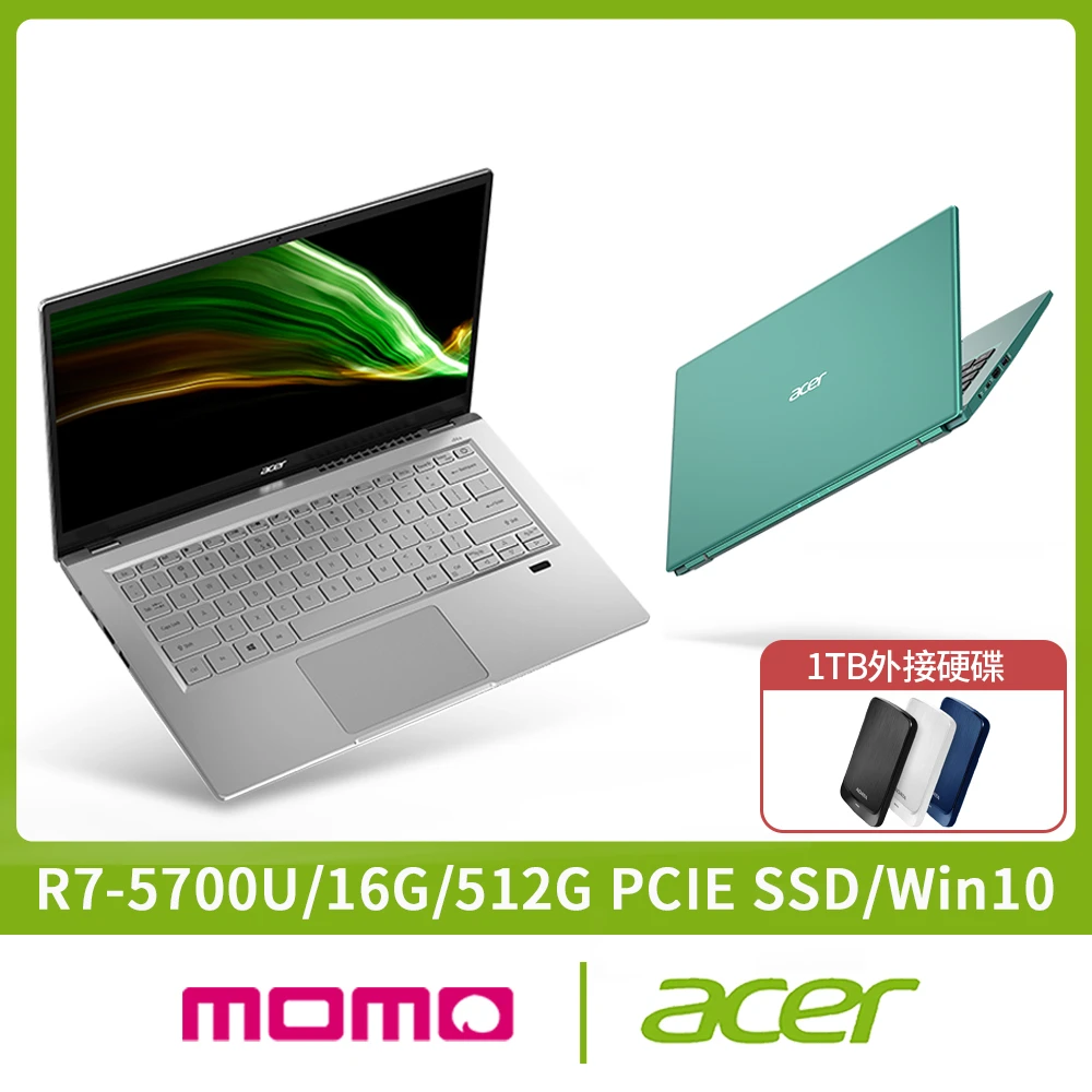 【1TB外接硬碟】Acer Swift3 SF314-43 14吋輕薄筆電(R7-5700U16G512G PCIE SSDWin10)