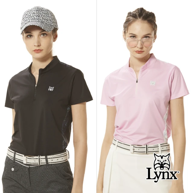 【Lynx Golf】女款合身版吸溼排汗質感山貓膠標Lynx印花配布剪裁造型短袖立領POLO衫/高爾夫球衫(二色)