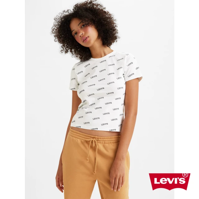 【LEVIS】女款 重磅修身短版T恤 / 滿版Logo印花 / 230GSM厚棉 / 彈性布料 白 人氣新品