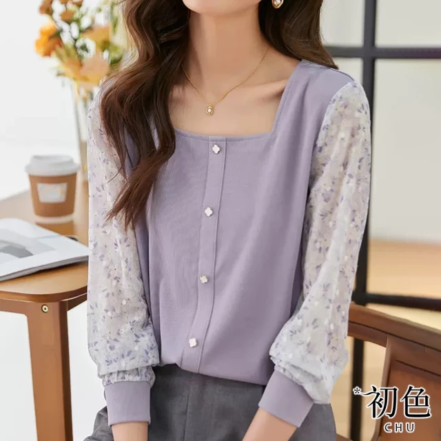 【初色】蕾絲淑女拼接方領雪紡衫上衣-薰衣草紫-67054(M-2XL可選)