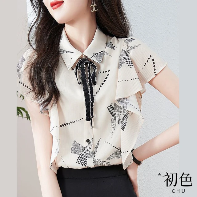 【初色】甜美荷葉袖印花雪紡上衣-米白色-67154(M-2XL可選)