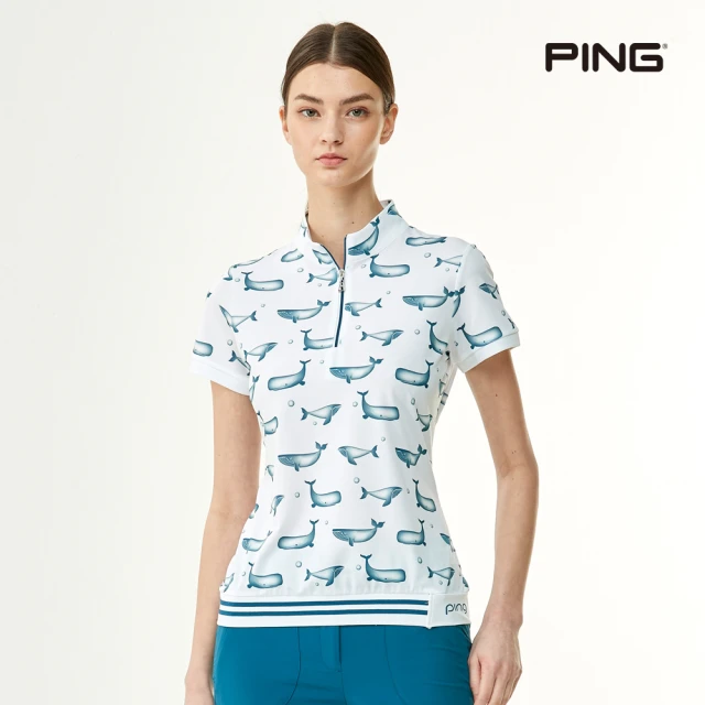 【PING】女款鯨魚圖騰立領短袖POLO衫-白(吸濕排汗/抗UV/GOLF/高爾夫球衫/RA23118-87)