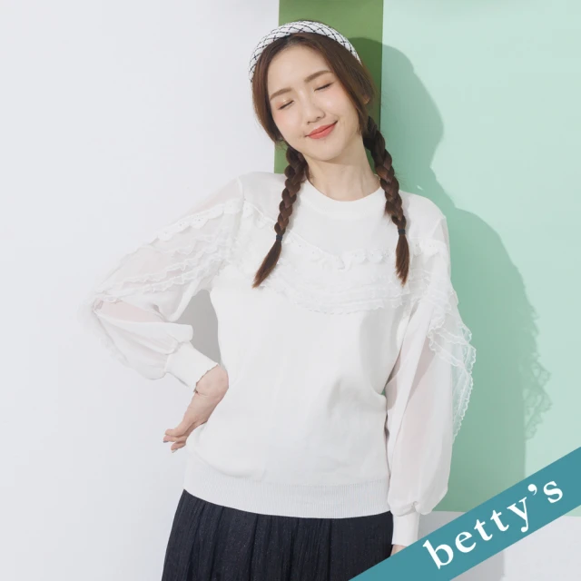 【betty’s 貝蒂思】蕾絲裝飾雪紡袖針織衫(白色)