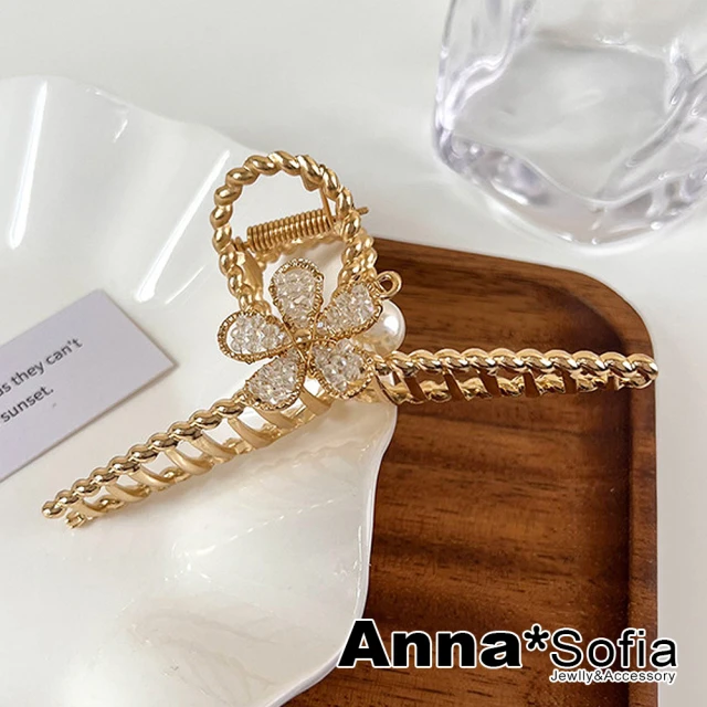 【AnnaSofia】鯊魚夾髮飾髮夾髮抓-刻晶瓣花垂珠 現貨(單面-玫瑰金系)