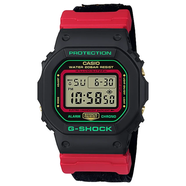 【CASIO 卡西歐】G-SHOCK 紅武士 帆布錶帶手錶(DW-5600THC-1)