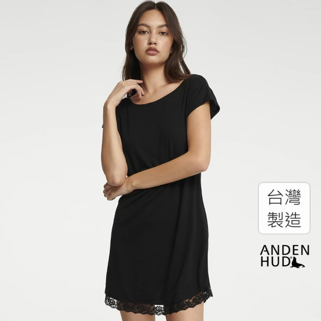 Anden Hud【Anden Hud】連身_暖心療癒．蕾絲拼接短袖睡衣 純棉台灣製(黑色)
