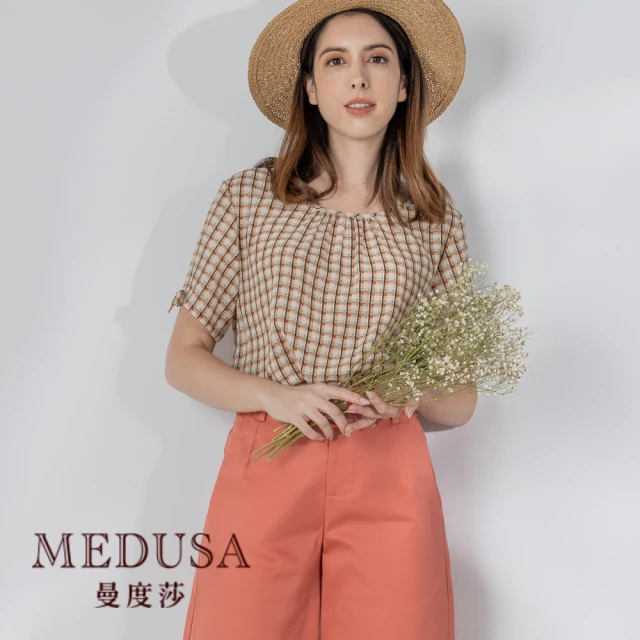 【MEDUSA 曼度莎】現貨-粉卡其格紋嫘縈上衣（M-2L）｜女上衣 女短袖上衣 嫘縈上衣 加大尺碼(101-71501)