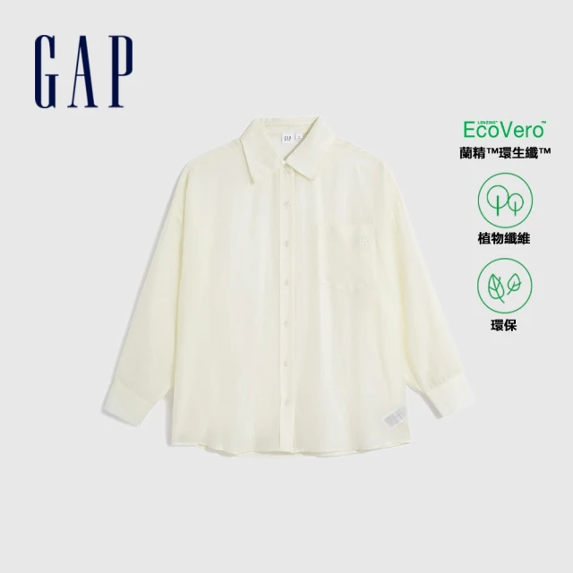 【GAP】女裝 輕薄寬鬆翻領長袖襯衫-米白色(671241)