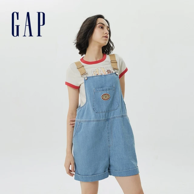 【GAP】女裝 Logo寬鬆牛仔吊帶短褲-淺藍色(714107)