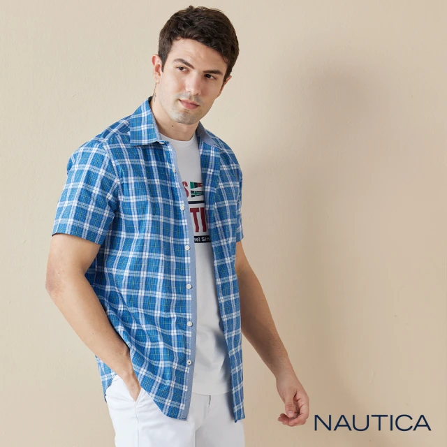 NAUTICA 男裝 吸濕排汗簡約短袖襯衫(藍色)折扣推薦
