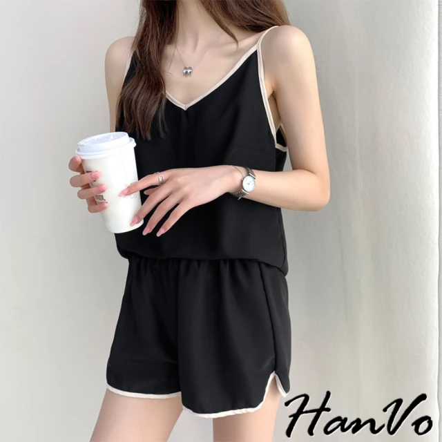 【HanVo】現貨 冰絲緞面v領睡衣套裝(薄款成套睡衣睡褲 日系性感涼感套裝居家服 女生衣著 5947)