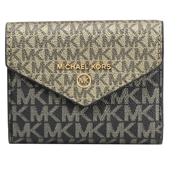 【Michael Kors】圓標LOGO字母MK印花信封造型三折零錢短夾(黑金)