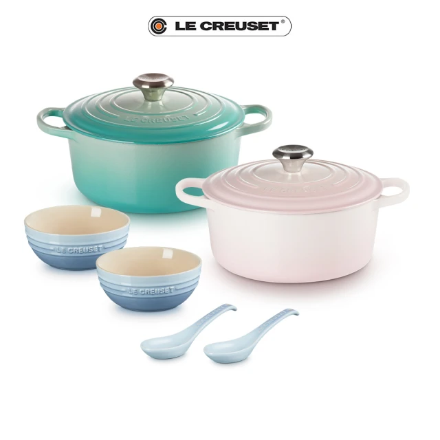 【Le Creuset】典藏琺瑯鑄鐵鍋圓鍋24cm+韓式湯碗*2+湯匙*2(5件組)