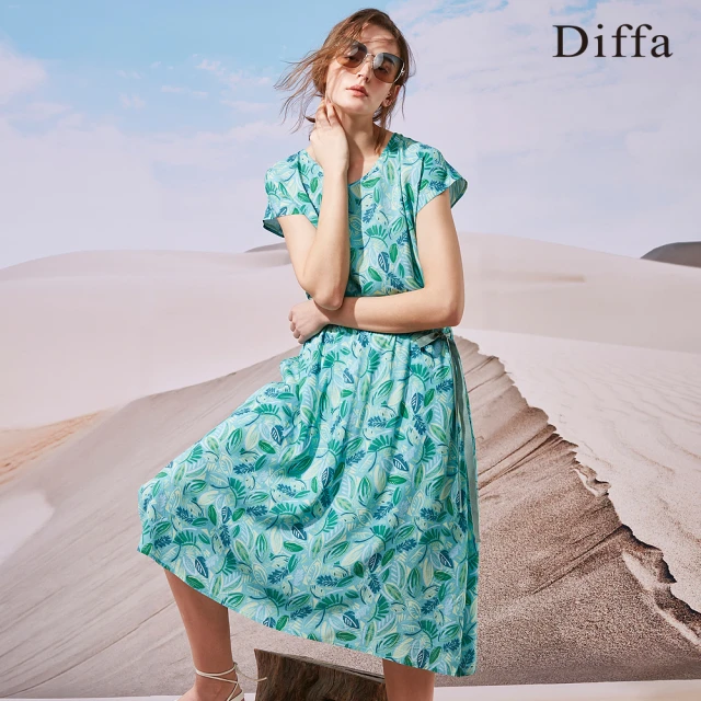 【Diffa】綠葉連袖綁帶連身洋裝-女
