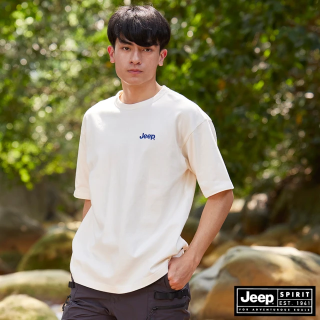 JEEP【JEEP】男裝 簡約LOGO厚磅刺繡短袖T恤(白色)
