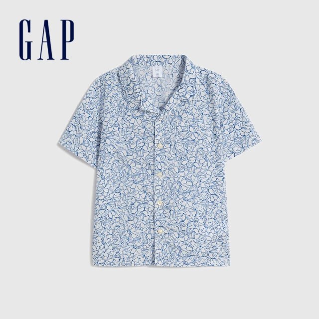 【GAP】男幼童 純棉翻領短袖襯衫-藍花印花(624363)
