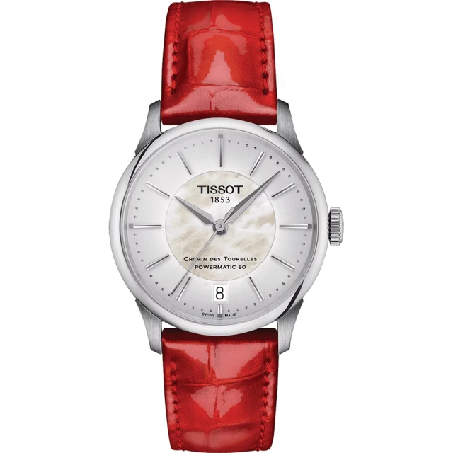 【TISSOT 天梭】杜魯爾系列動力80小時機械女錶-珍珠貝x紅皮帶/34mm(T139.207.16.111.00)