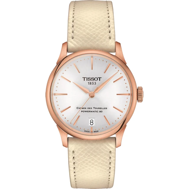 【TISSOT 天梭】杜魯爾系列動力80小時機械女錶-玫瑰金x米色/34mm(T139.207.36.031.00)