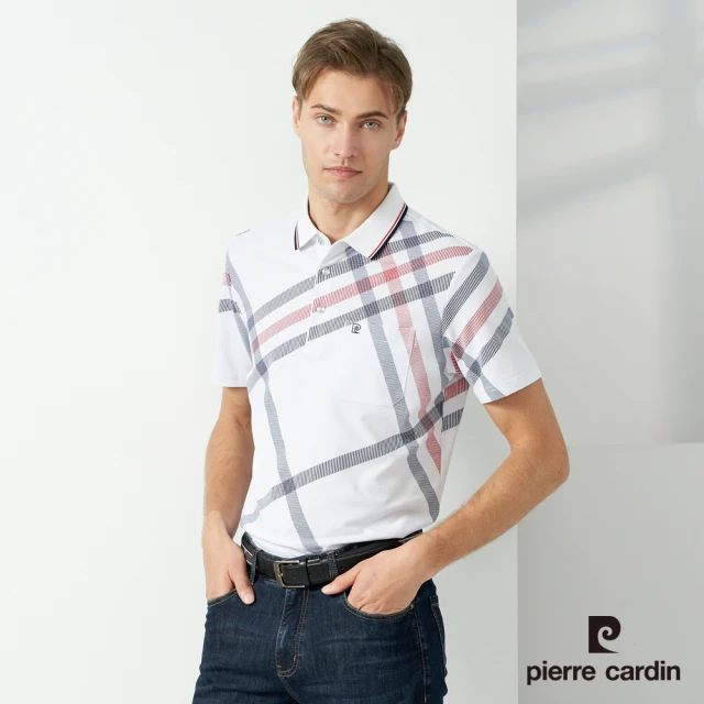 【pierre cardin 皮爾卡登】商務休閒 男款 胸前大定位印斜格短袖POLO衫-白色(5237256-90)