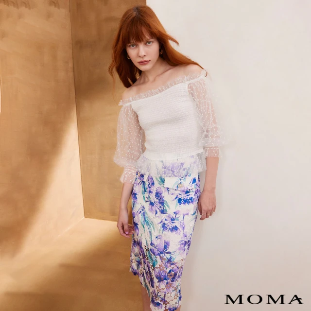 MOMA【MOMA】花漾春季印染 蕾絲小香鉛筆裙(紫色)