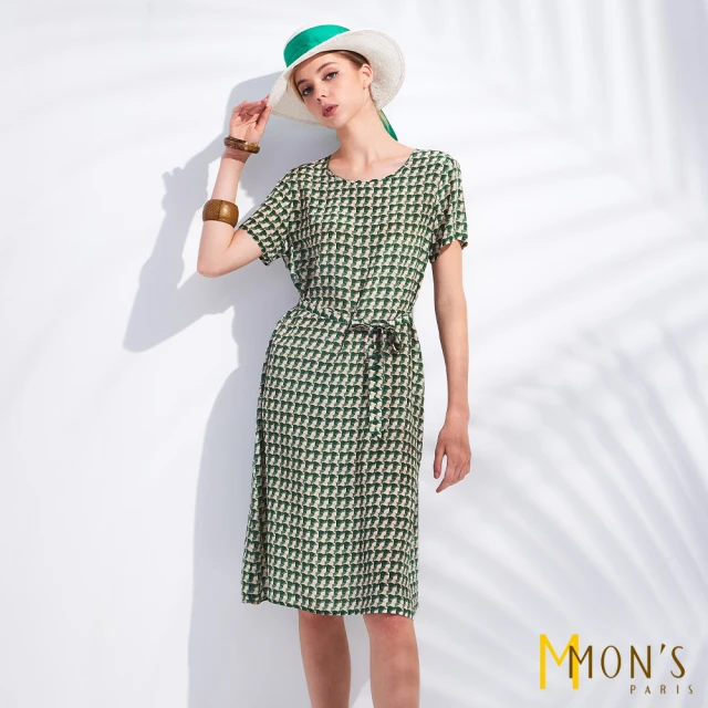 【MON’S】名品璀綠蠶絲幾何印花洋裝(100%蠶絲)