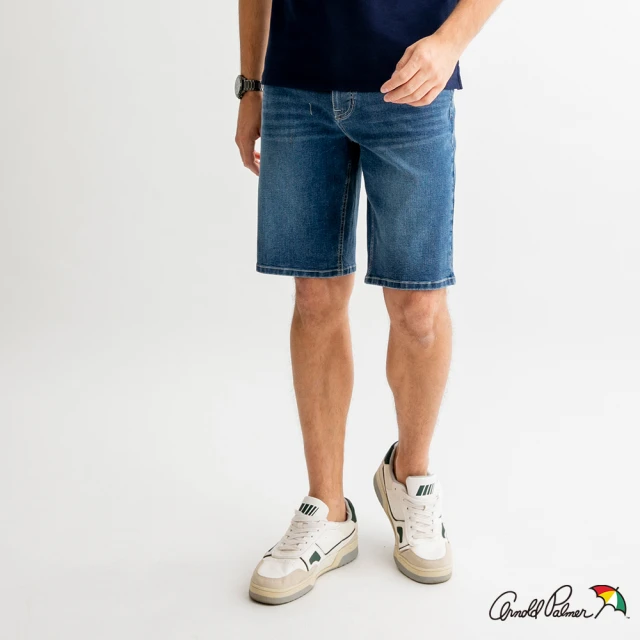 Arnold Palmer 雨傘【Arnold Palmer 雨傘】男裝-後貼袋品牌草寫刺繡牛仔短褲(深藍色)