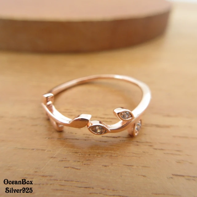 【海洋盒子】甜美可愛鑲鑽枝葉925純銀玫瑰金戒指.尾戒(可調整戒圍)