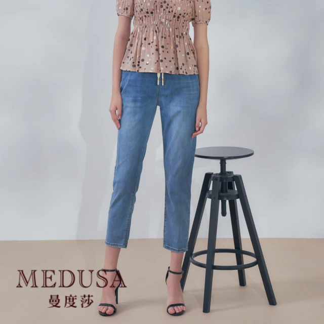 【MEDUSA 曼度莎】現貨-ICare 黃色笑臉男友風高彈性牛仔褲（M-L）｜女長褲 女休閒長褲(107-12902)