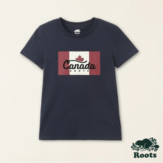 Roots【Roots】Roots女裝-加拿大日系列 加拿大國旗有機棉修身短袖T恤(軍藍色)