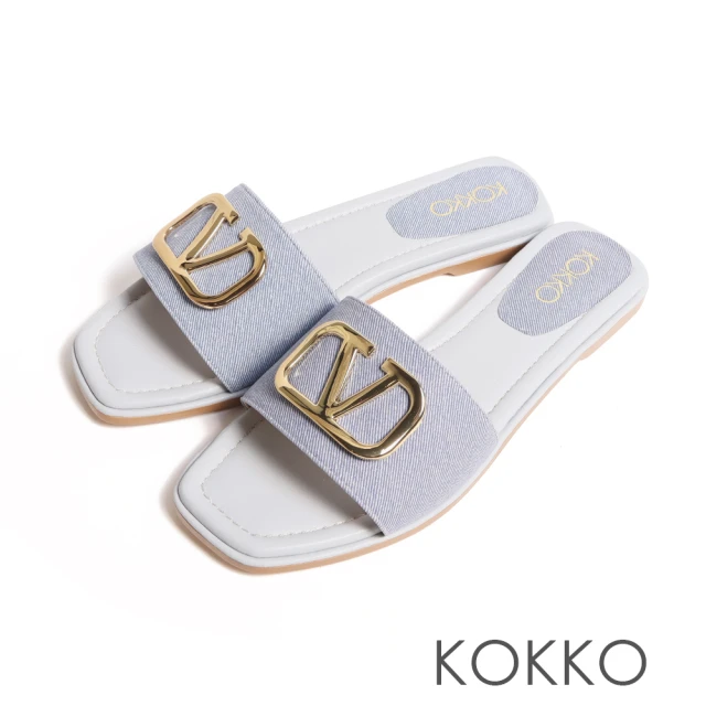 KOKKO 集團【KOKKO 集團】一字寬版金屬飾扣小牛皮拖鞋(淺藍色)
