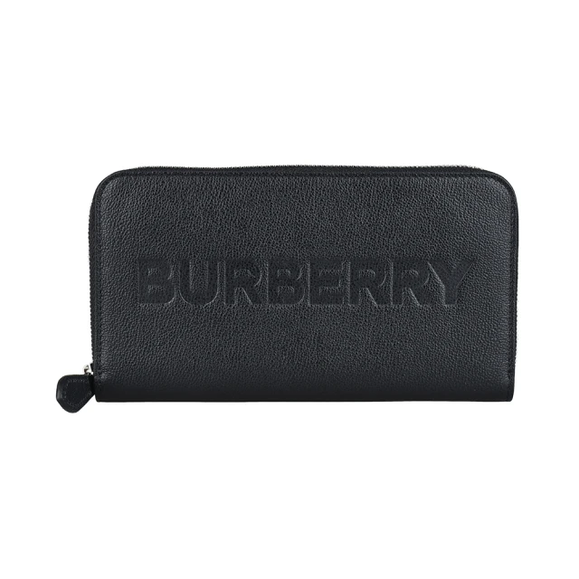 【BURBERRY 巴寶莉】BURBERRY壓印LOGO牛皮12卡拉鍊長夾(黑)